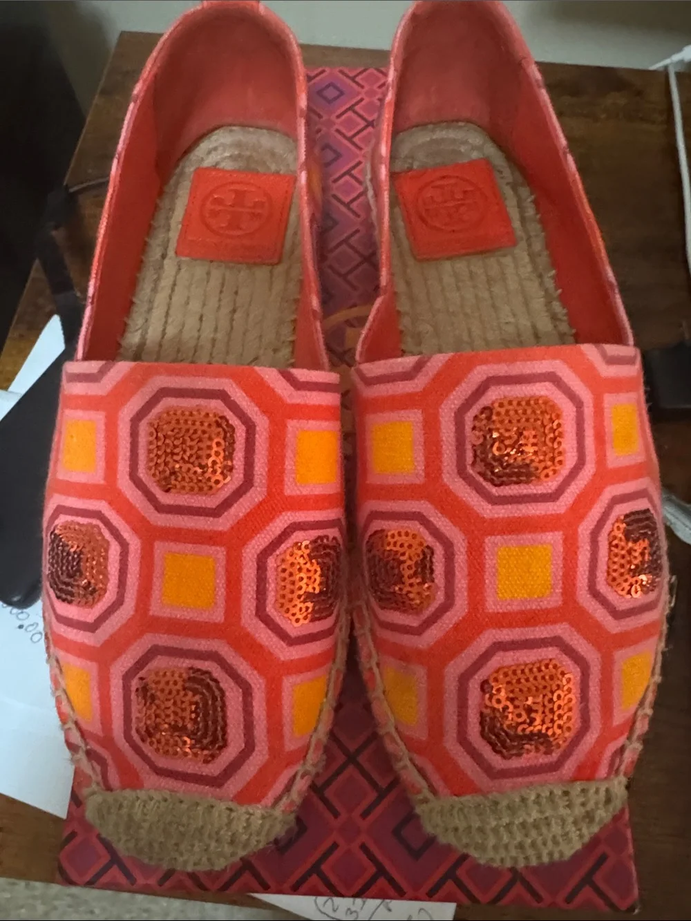 Tory Burch Coral and Yellow Sequin Geometric Espadrille Flats